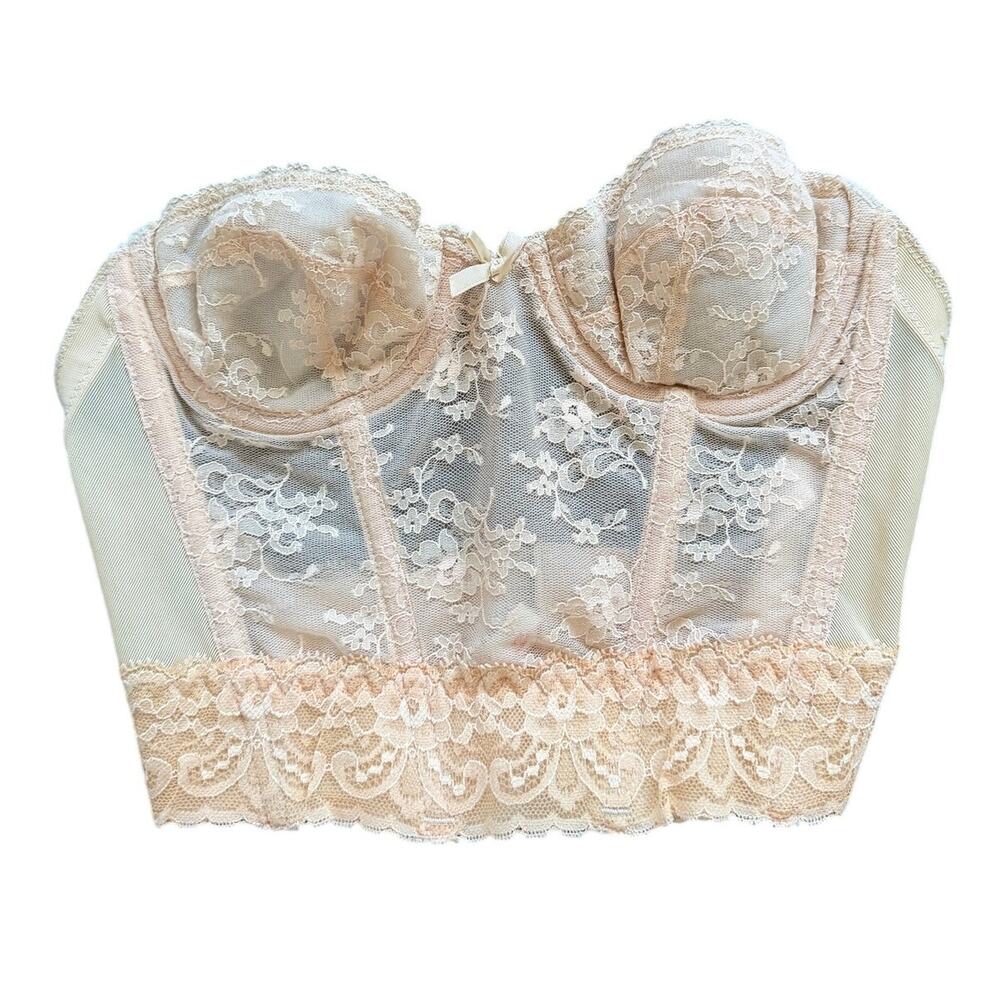 Vintage 90s Jezebel Hollywood Peach Pink Lace Corset Bustier Bra 34A